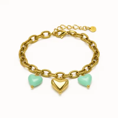 pulseira dourada com corações coloridos, variante dourada, pedra clara, referência 85449-01
