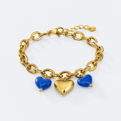 pulseira dourada com corações coloridos, variante dourada, pedra clara, referência 85449-01