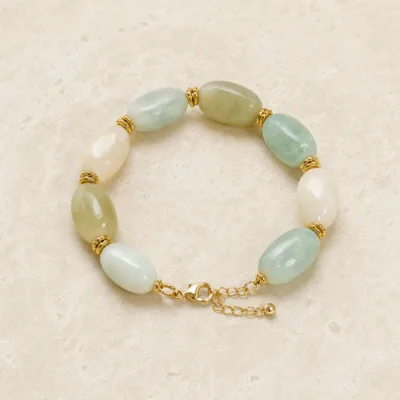 Pulseira de Contas Ovais Dourada — 5 Cores — C — Marfim e Menta
