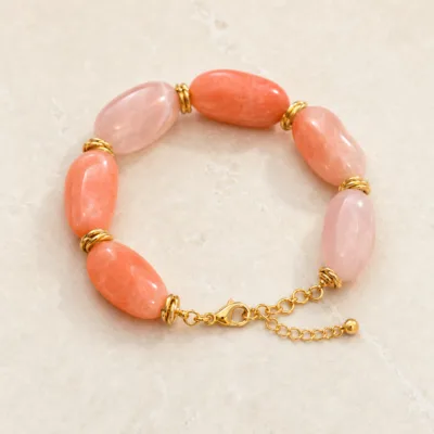 Pulseira de Contas Ovais Dourada — 5 Cores — E — Coral