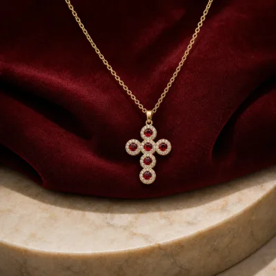 Colar com Cruz de Cristais — 6 Cores — D — Vermelho