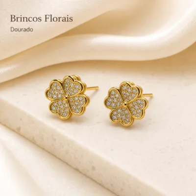 Brincos de Quatro Folhas com Cristais – Escolha o Acabamento