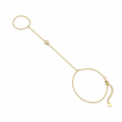 pulseira de mão dourada minimalista com cristal em fundo branco, referência 85473-1