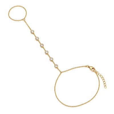 pulseira de mão dourada com seis cristais em fundo branco, referência 85474-3