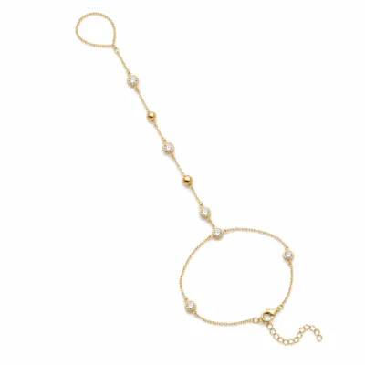 pulseira de mão dourada com seis cristais e contas em fundo branco, referência 85476-1