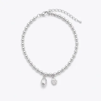 pulseira de contas com concha e flor, variante dourada, pedra clara, referência 85576-1
