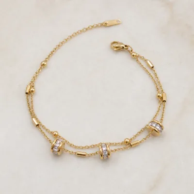 pulseira dourada dupla com aros de cristais, imagem 1, referência 85576-2