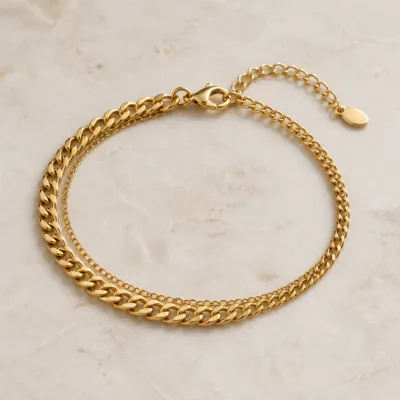 Pulseira Dupla de Corrente em Aço — 2 Cores — A — Dourado