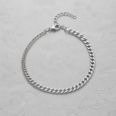 Pulseira Dupla de Corrente em Aço — 2 Cores — B — Prateado