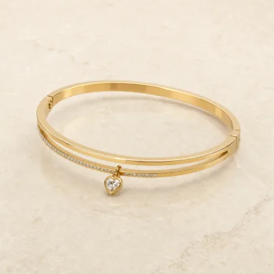 Pulseira Rígida Dupla com Coração — 2 Cores — A — Dourado