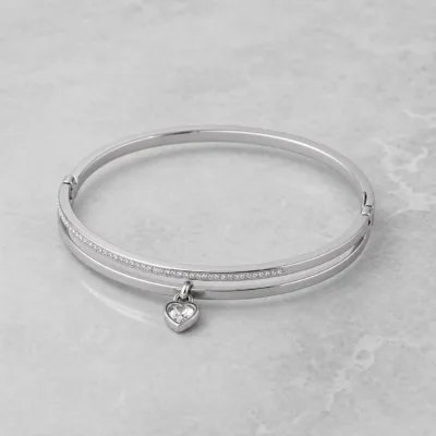 Pulseira Rígida Dupla com Coração — 2 Cores — B — Prateado