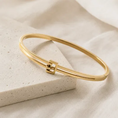 Pulseira Rígida de Linhas Paralelas — 2 Cores — A — Dourado
