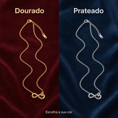Escolha entre dourado e prateado no colar infinito com coração