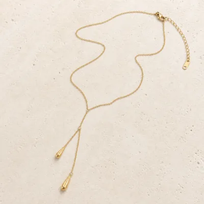 colar gravatinha dourado gota dupla, Dourado Gota Dupla, em pedra clara de tom quente, referencia 85583