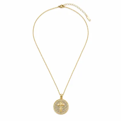 colar medalha com cruz dourado, fundo branco, referência 85585-1