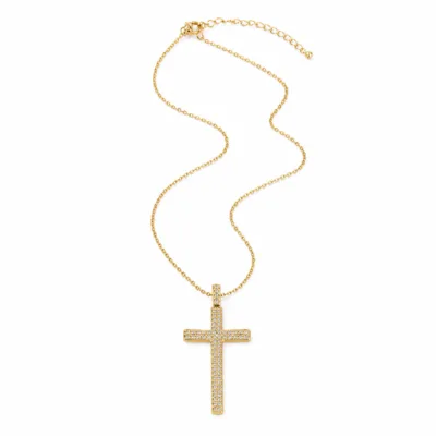colar com cruz pavé dourada, fundo branco, referência 85586-1