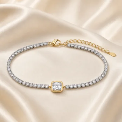 pulseira de cristais com pedra quadrada, cetim marfim, referência 85588-3
