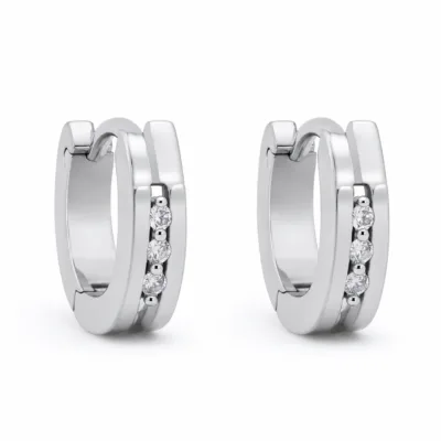 brincos de argola com três cristais, variante prateada, fundo branco, referência 85591-2