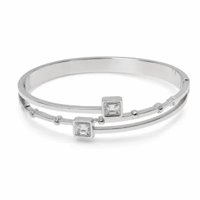 pulseira com dois cristais quadrados, variante prateada, fundo branco, referência 85594-1