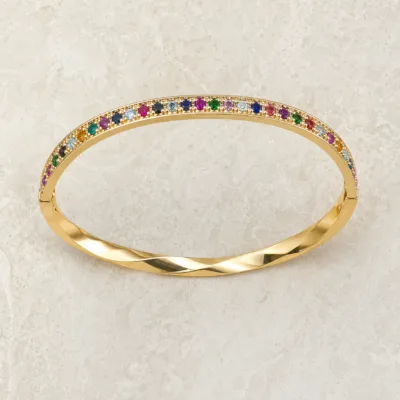Pulseira Rígida Torcida com Cristais — 2 Cores — B — Colorido