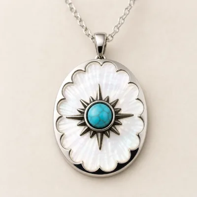 colar prateado estrela concha turquesa, variante prateada, pedra clara, referência K1902-017-1B