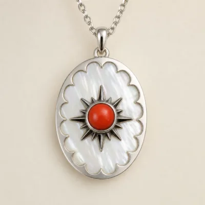 colar prateado estrela concha vermelho-coral, variante prateada, pedra clara, referência K1902-017-1C