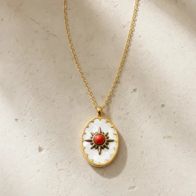 colar dourado estrela concha vermelho-coral, variante dourada, pedra clara, referência K1902-017-2C