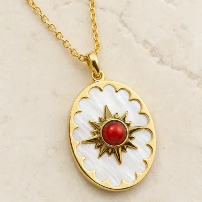 colar dourado estrela concha vermelho-coral, variante dourada, pedra clara, referência K1902-017-2C