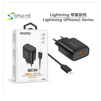 Carregador ACCETEL QC3.0 preto com cabo Lightning