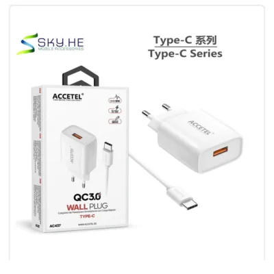 Carregador ACCETEL QC3.0 branco com cabo USB-C