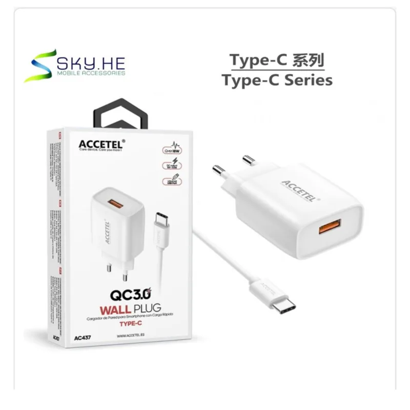 Carregador ACCETEL QC3.0 branco com cabo USB-C