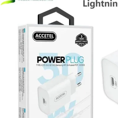 Embalagem e cabo Lightning do carregador ACCETEL 30W