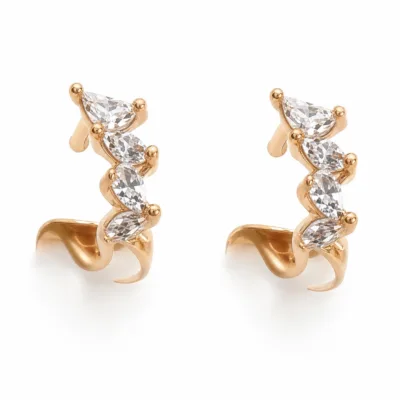 Brincos ear cuff dourados rosa com cristais brancos - Modelo A