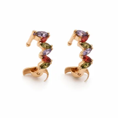 Brincos ear cuff dourados rosa com cristais multicoloridos - Modelo B