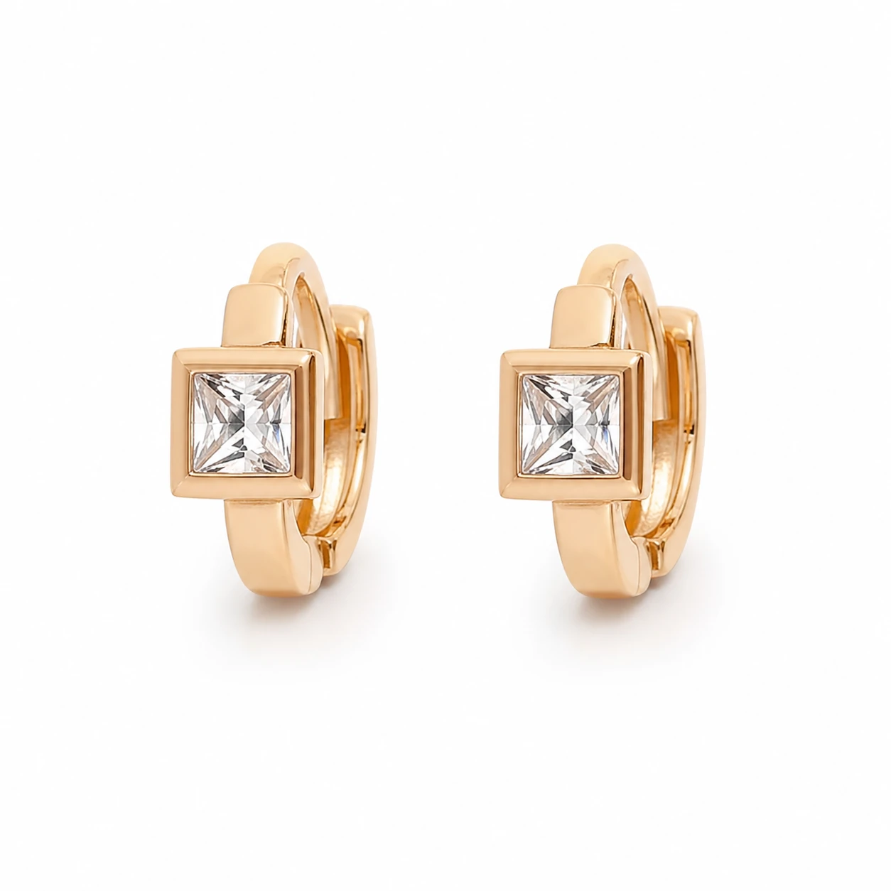 Brincos dourados rosa com cristal quadrado - Modelo A