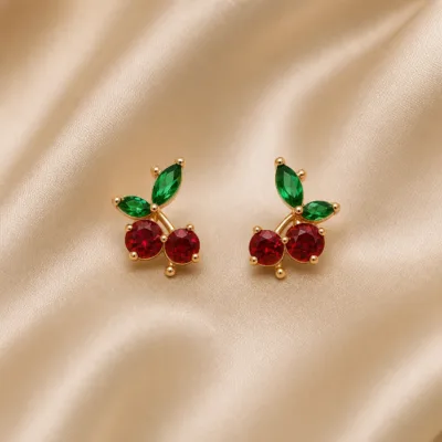 Brincos Dourados Rosa de Cereja com Cristais Vermelhos ou Roxos
