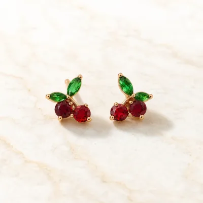 Brincos Dourados Rosa de Cereja com Cristais Vermelhos ou Roxos