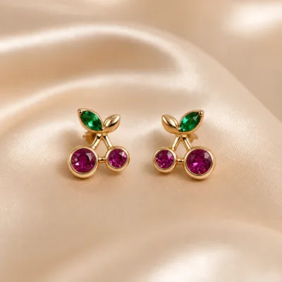 Brincos Dourados Rosa de Cereja com Cristais Vermelhos ou Roxos