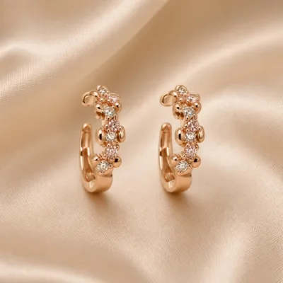 Brincos de Argola Dourados Rosa com Folhas e Cristais | Modelo A ou B