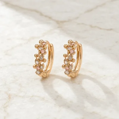 Brincos de Argola Dourados Rosa com Folhas e Cristais | Modelo A ou B