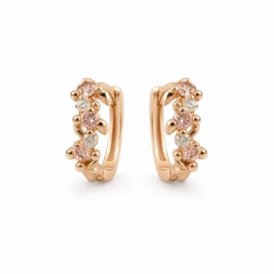 Brincos de Argola Dourados Rosa com Folhas e Cristais | Modelo A ou B