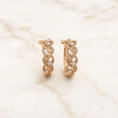 Brincos de Argola Dourados Rosa com Folhas e Cristais | Modelo A ou B