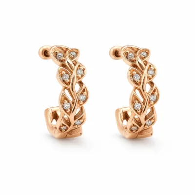 Brincos de Argola Dourados Rosa com Folhas e Cristais | Modelo A ou B