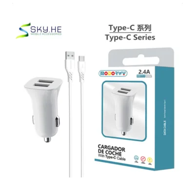 Carregador de carro 2.4A duplo USB com cabo USB-C