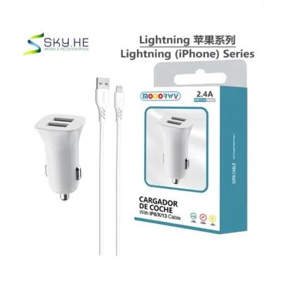 Carregador de carro 2.4A duplo USB com cabo Lightning