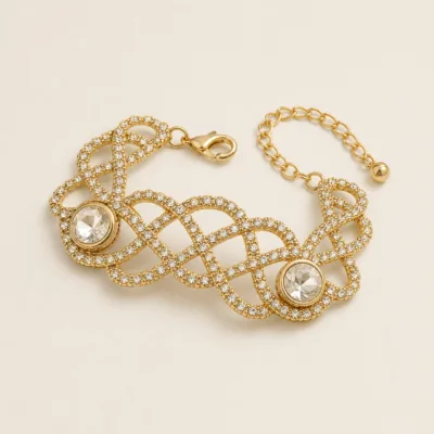 Pulseira Larga Dourada com Dois Centros Redondos — A — Dourado