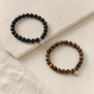 Pulseira de Contas com Pendente Coração — 10 Modelos — A — Preto