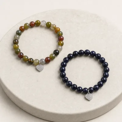 Pulseira de Contas com Pendente Coração — 10 Modelos — D — Azul-marinho escuro