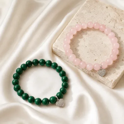 Pulseira de Contas com Pendente Coração — 10 Modelos — F — Rosa-claro