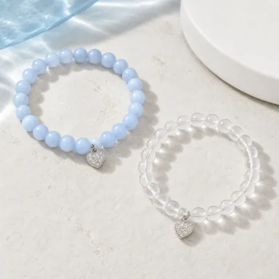 Pulseira de Contas com Pendente Coração — 10 Modelos — I — Azul-claro